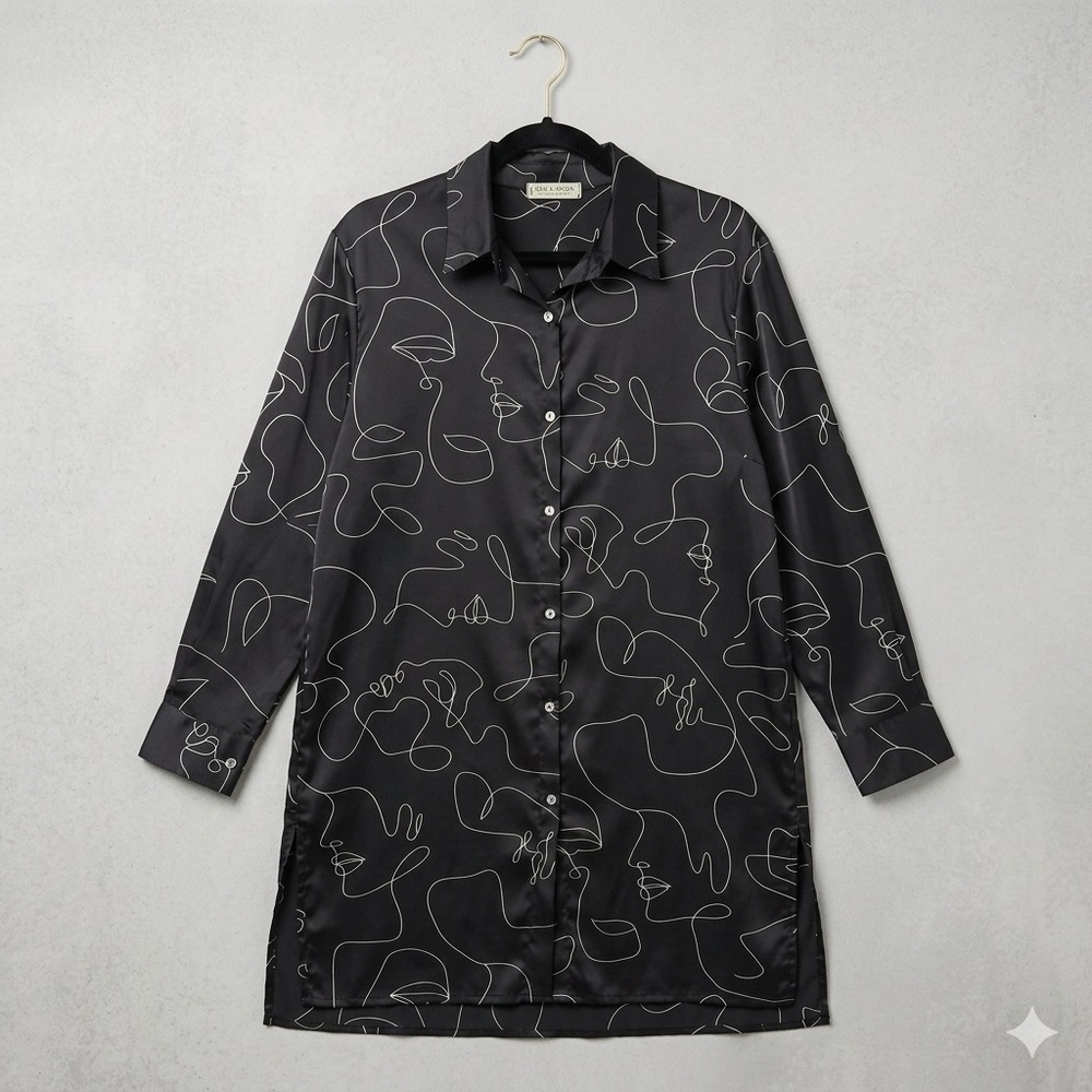 Jon & Anna Satin Abstract Face Line Art Tunic Shirt M